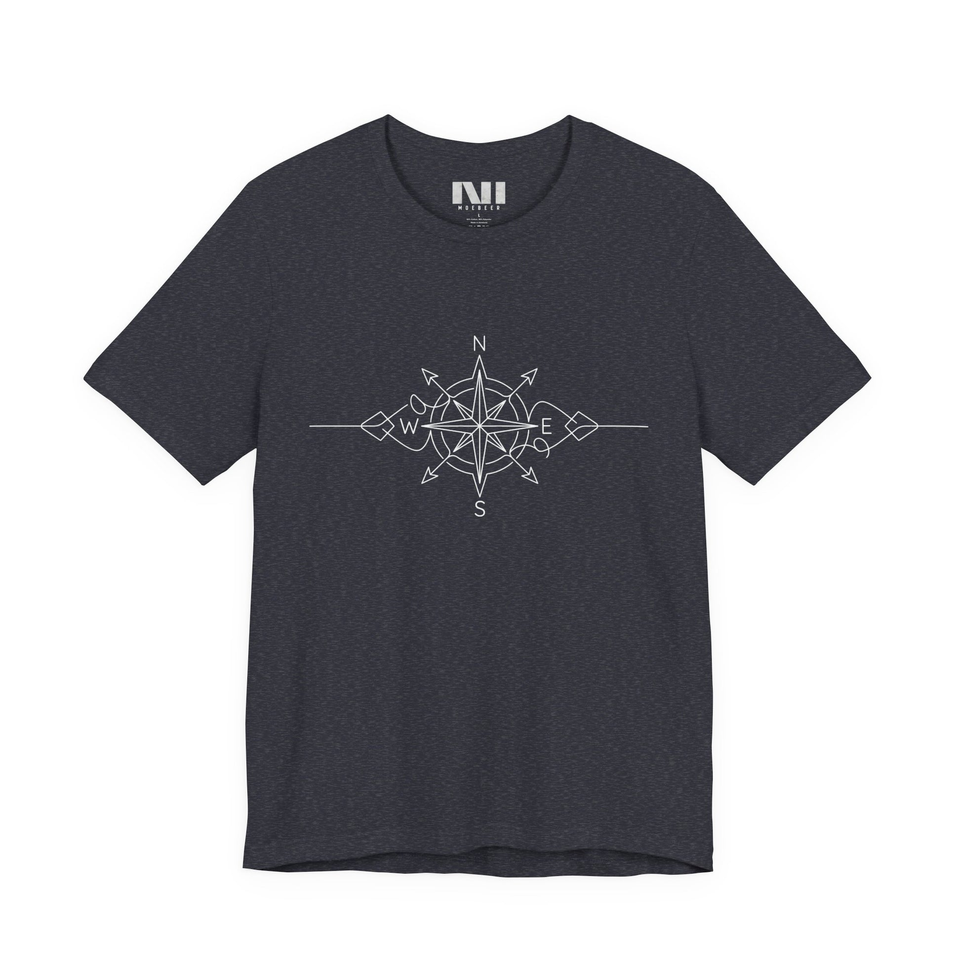 heather navy color graphic t-shirt featuring a minimalist white line art compass rose design with cardinal direction markers. #Heather Navy 