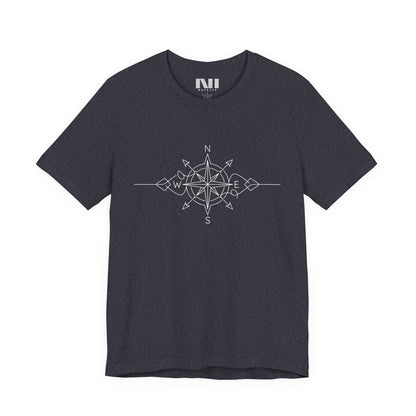 heather navy color graphic t-shirt featuring a minimalist white line art compass rose design with cardinal direction markers. #Heather Navy 