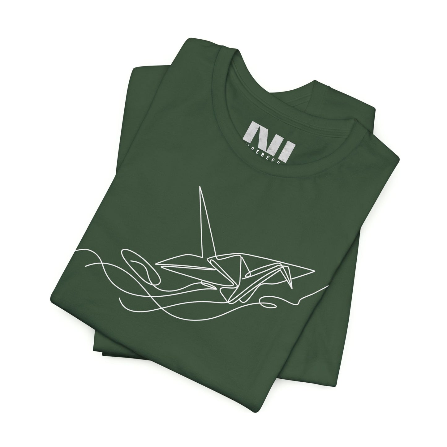folded Heather Forest green color t-shirt featuring a white minimalist continuous line art design of an origami paper crane. #Heather Forest