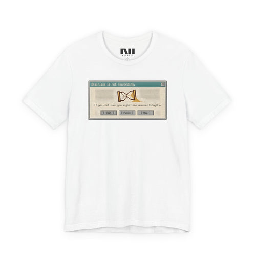 A white t-shirt featuring a black-outlined computer error message box with the text "Attention: Not Responding" centered on the garment