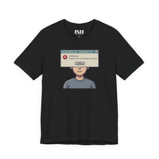 Moebeer black premium jersey tee with a sarcastic retro-computing "Interest Not Found" warning box #Black