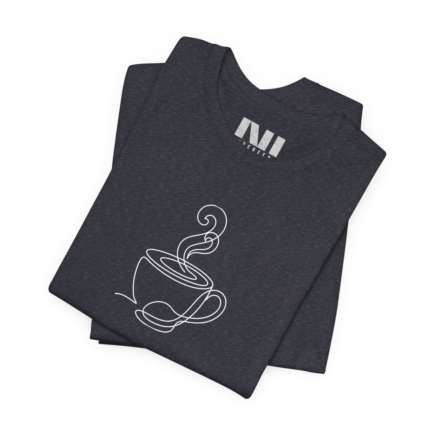 Heather Navy graphic t-shirt featuring a minimalist black continuous line art design of a steaming coffee cup. moebeer tees #Heather Navy 