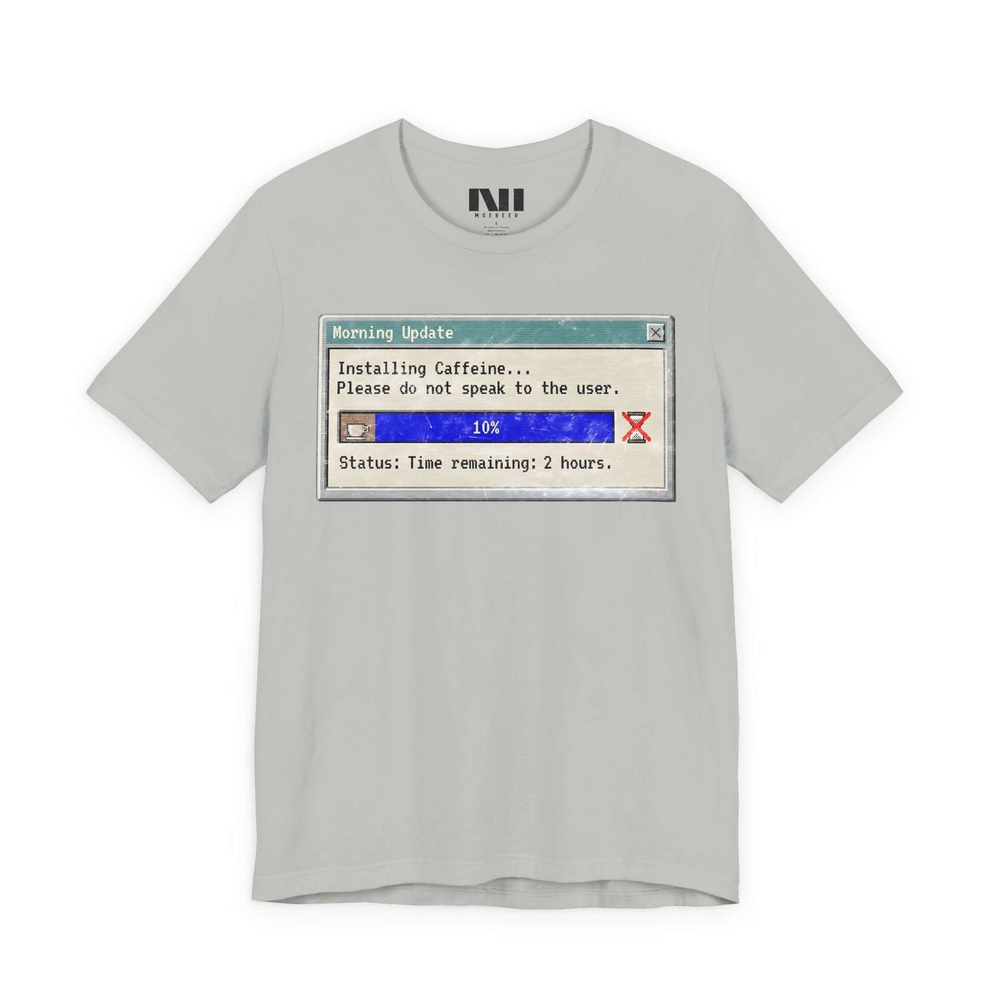Heather athletic grey  graphic t-shirt featuring a retro computer "Morning Update" progress bar design with the text "Installing Caffeine... Please do not speak to the user." #Athletic Heather