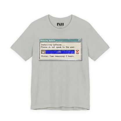 Heather athletic grey  graphic t-shirt featuring a retro computer "Morning Update" progress bar design with the text "Installing Caffeine... Please do not speak to the user." #Athletic Heather
