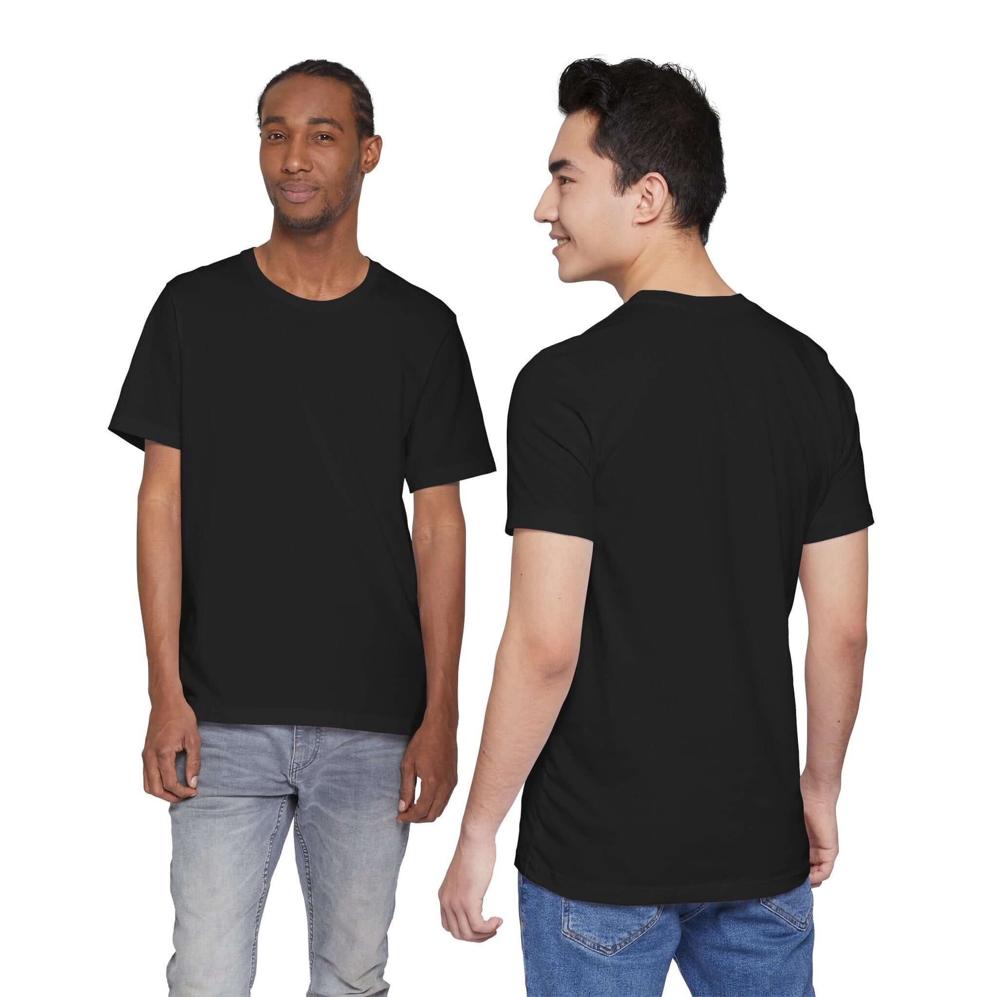 Two models wearing a tailored fit black t-shirt, front and back view, showcasing its classic design in 100% cotton.
