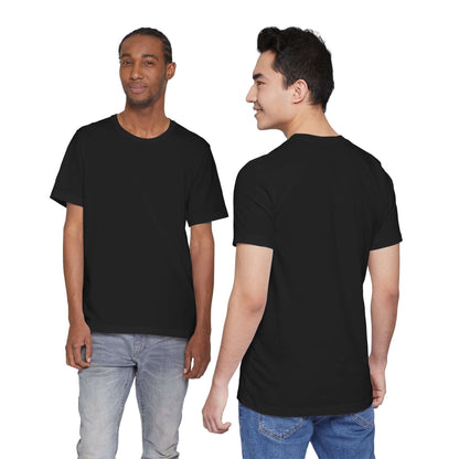 Two models wearing a tailored fit black t-shirt, front and back view, showcasing its classic design in 100% cotton.