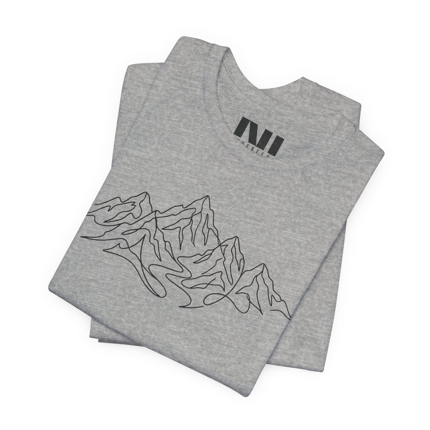 folded Grey heathered graphic t-shirt featuring a minimalist white continuous line art design of a mountain range, moebeer tees #Athletic Heather
