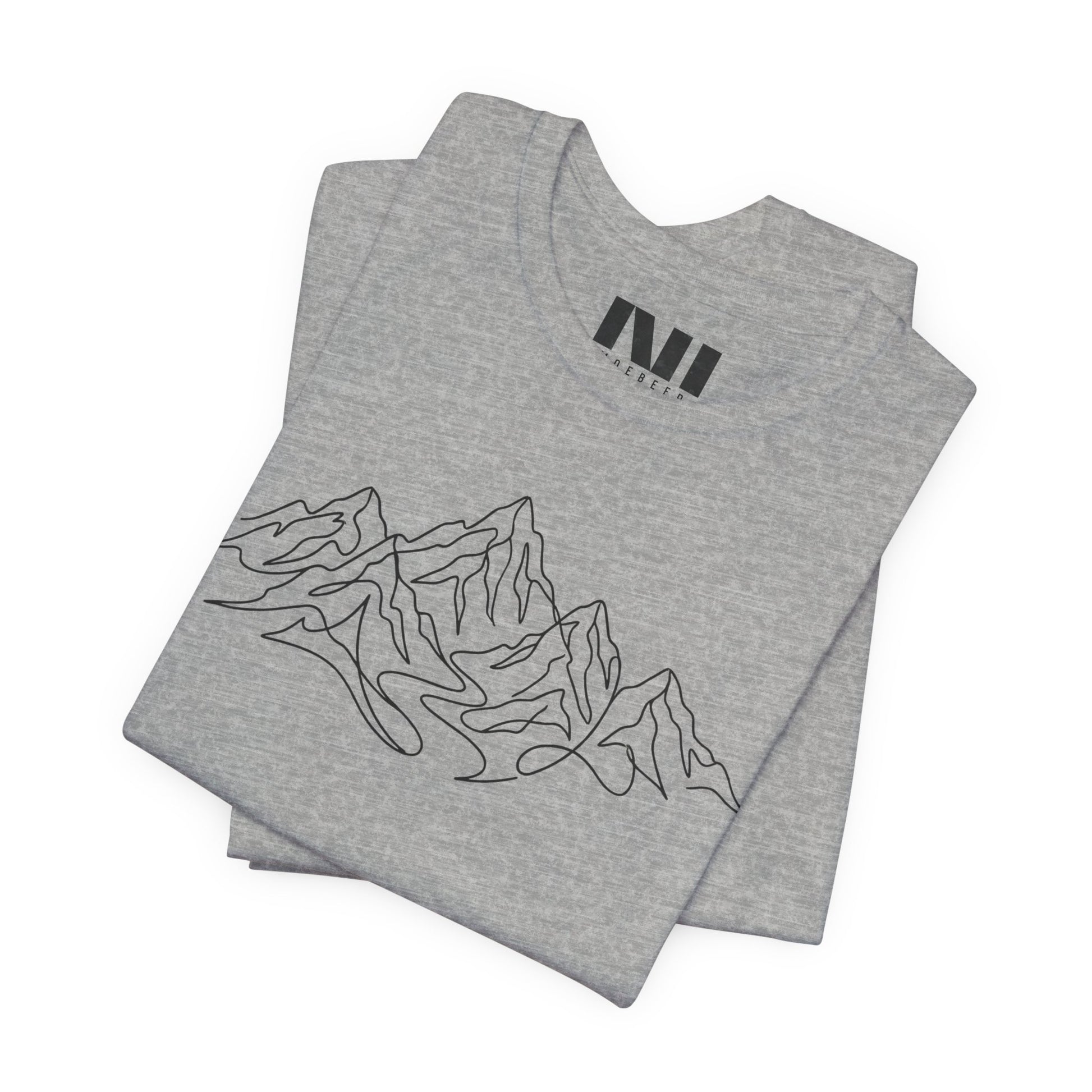 folded Grey heathered graphic t-shirt featuring a minimalist white continuous line art design of a mountain range, moebeer tees #Athletic Heather