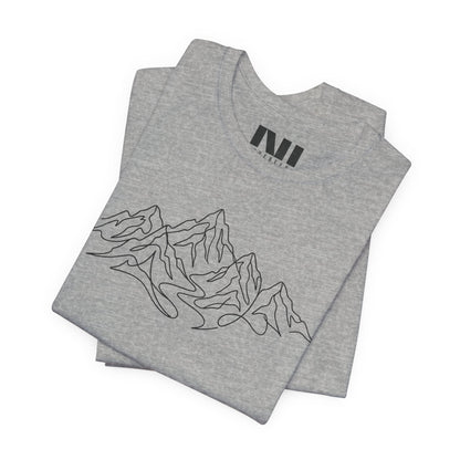 folded Grey heathered graphic t-shirt featuring a minimalist white continuous line art design of a mountain range, moebeer tees #Athletic Heather