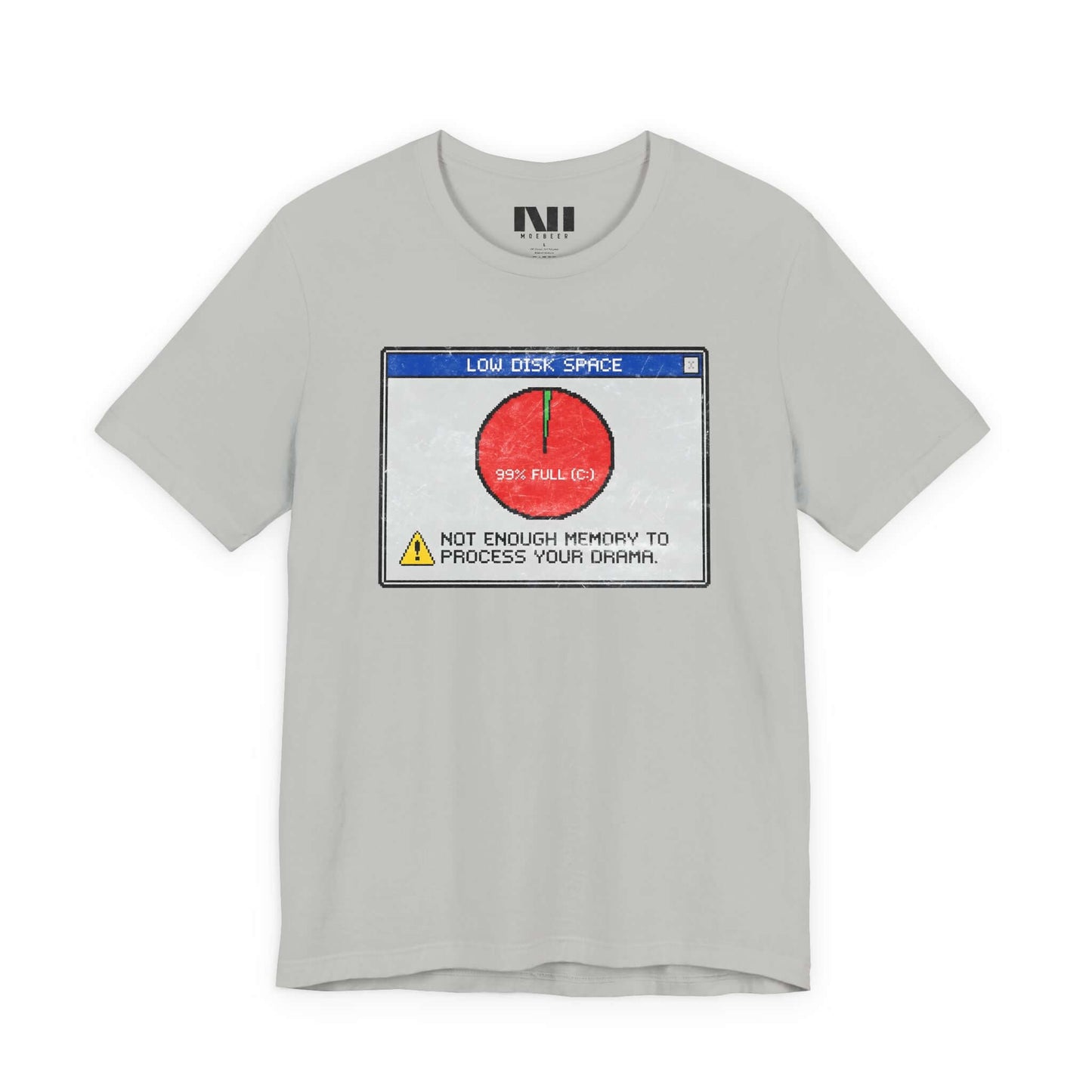 Heather athletic gray graphic t-shirt featuring a retro computer error message that reads "Not enough memory to process your drama" with a 99% full disk pie chart icon. #Athletic Heather