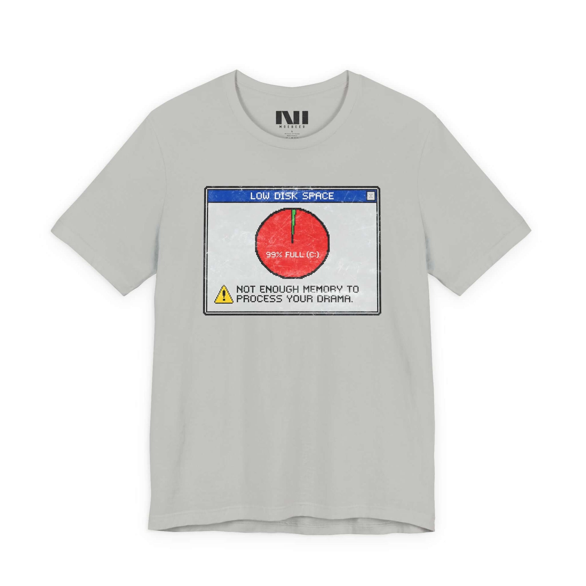 Heather athletic gray graphic t-shirt featuring a retro computer error message that reads "Not enough memory to process your drama" with a 99% full disk pie chart icon. #Athletic Heather