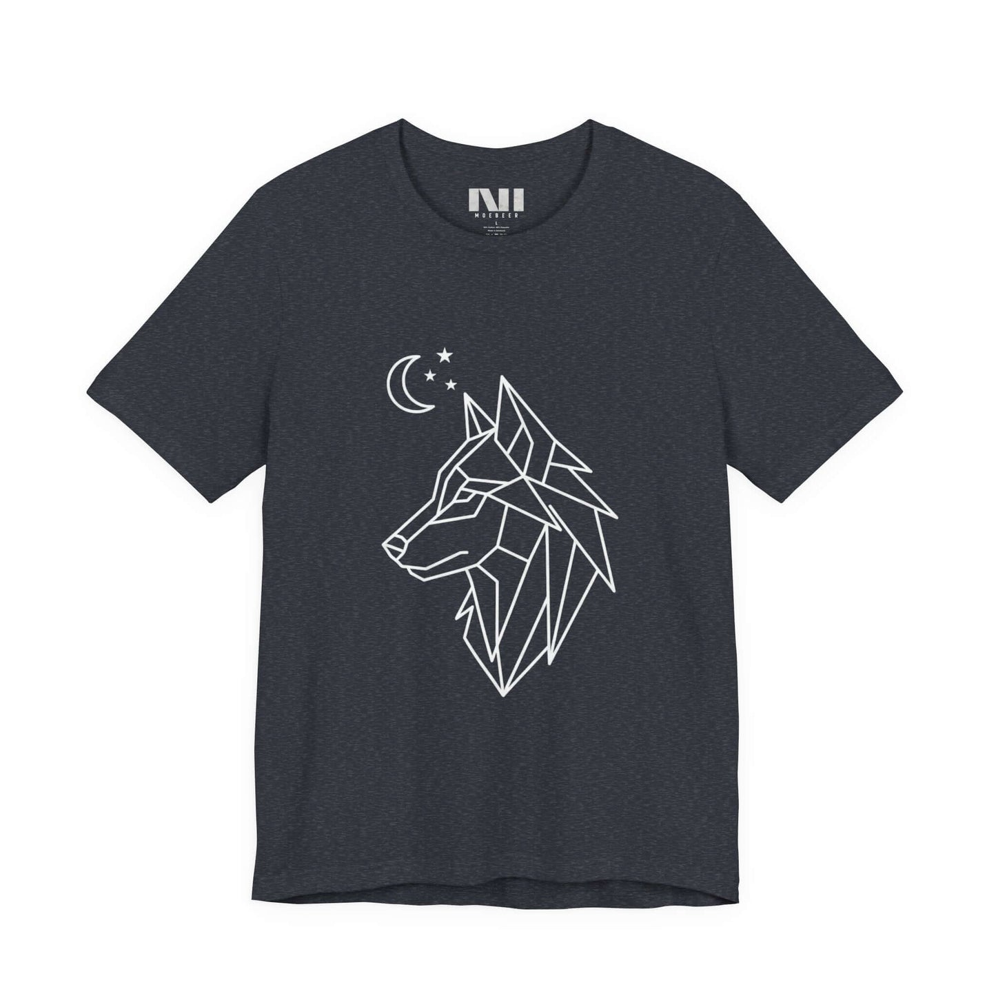 Navy heathered graphic t-shirt featuring a minimalist white geometric line art design of a wolf head in profile with a crescent moon and stars. MOEBEER tees  #Heather Navy 