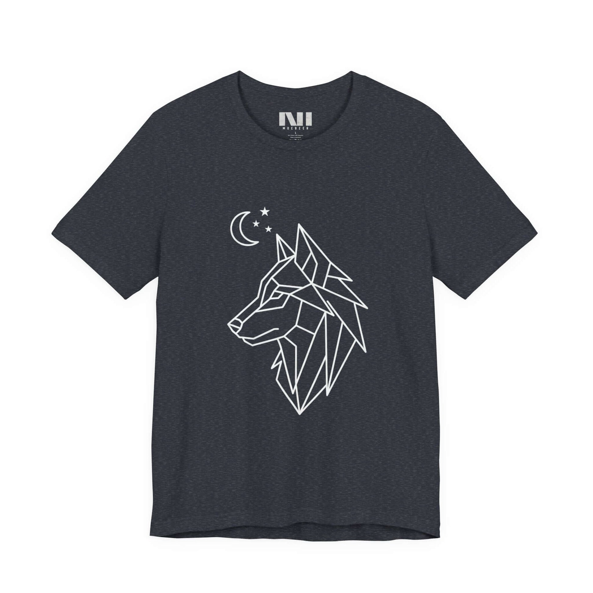 Navy heathered graphic t-shirt featuring a minimalist white geometric line art design of a wolf head in profile with a crescent moon and stars. MOEBEER tees  #Heather Navy 