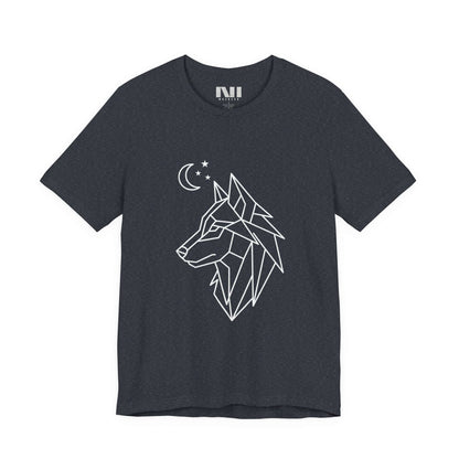 Navy heathered graphic t-shirt featuring a minimalist white geometric line art design of a wolf head in profile with a crescent moon and stars. MOEBEER tees  #Heather Navy 