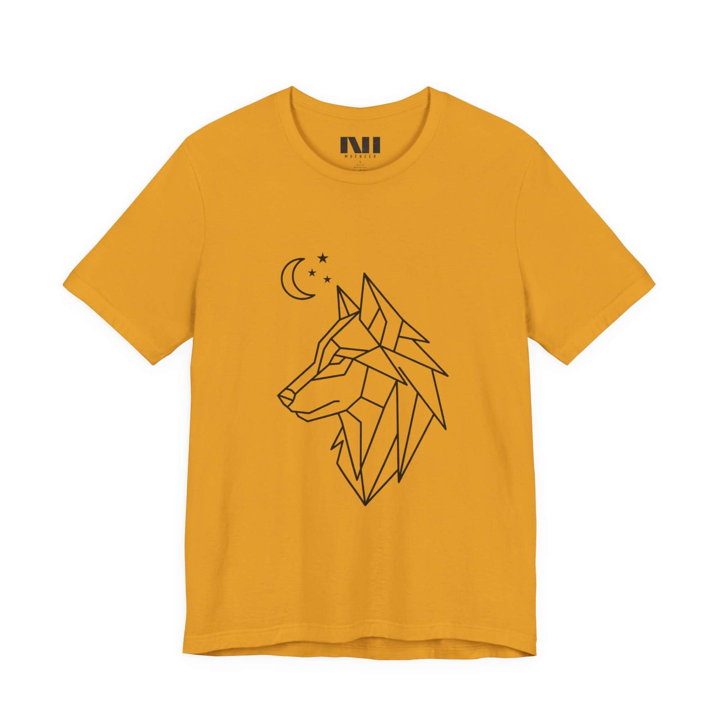 Mustard graphic t-shirt featuring a minimalist white geometric line art design of a wolf head in profile with a crescent moon and stars. MOEBEER tees #Mustard