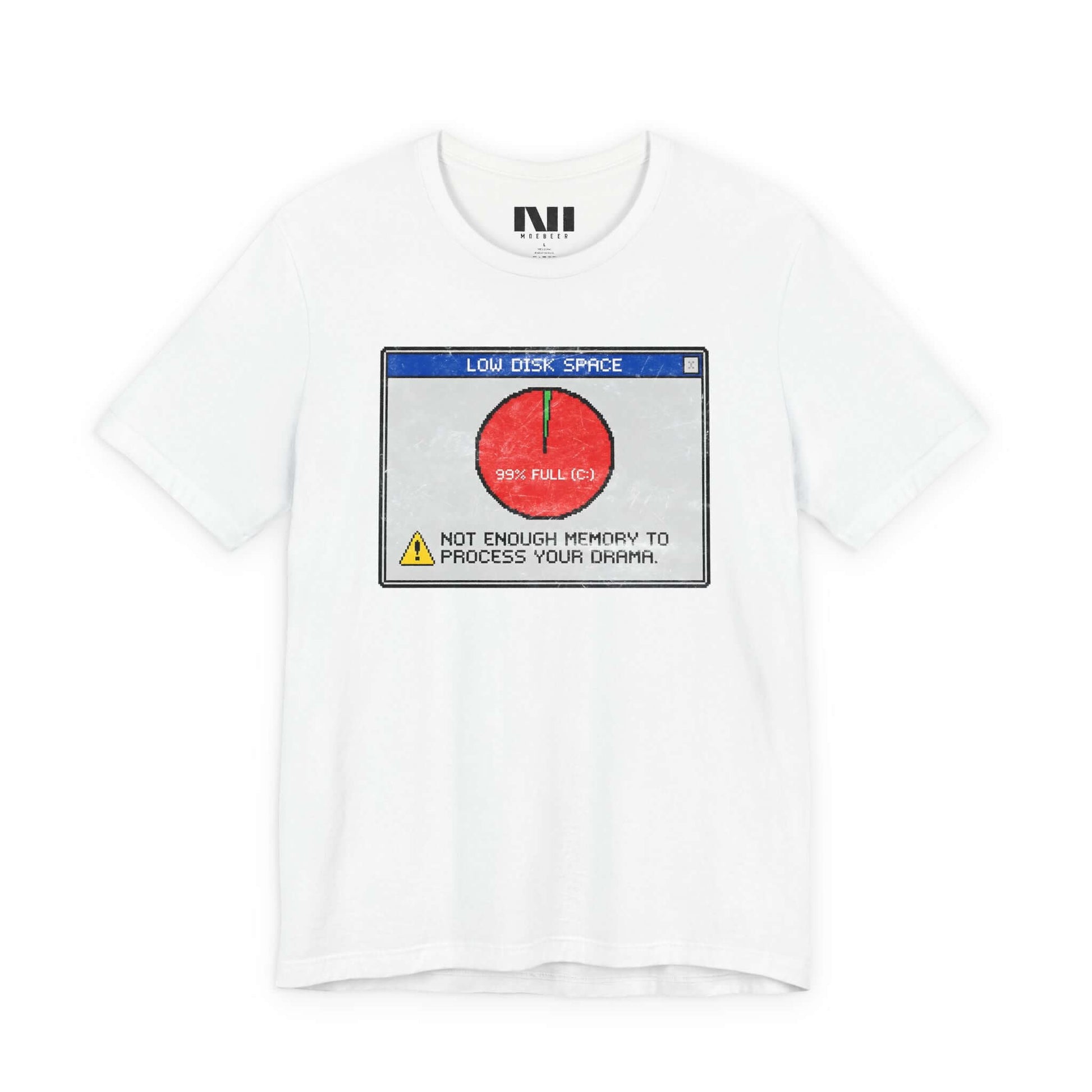 White graphic t-shirt featuring a retro computer error message that reads "Not enough memory to process your drama" with a 99% full disk pie chart icon. #White