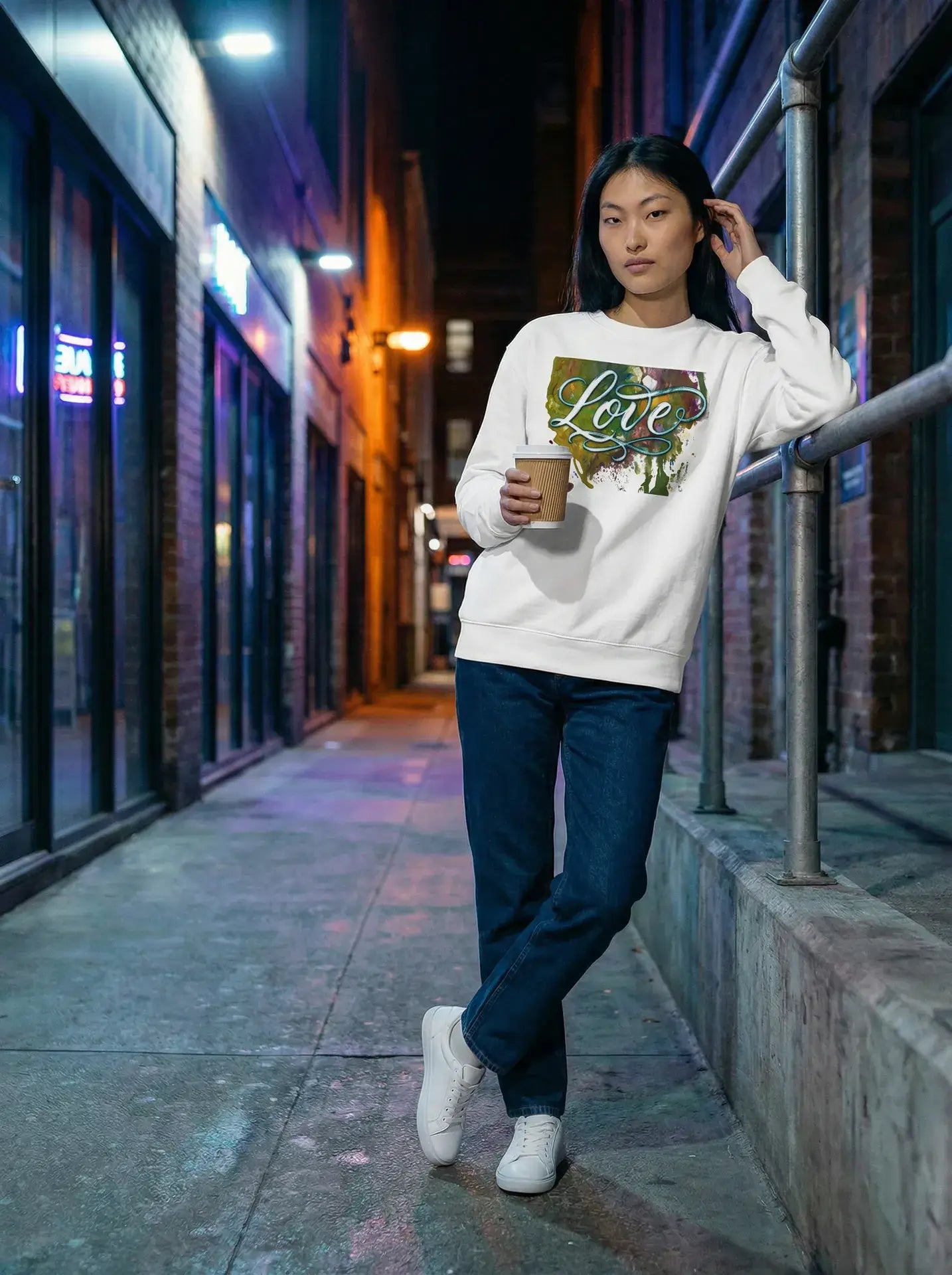 Love typography watercolour art sweatshirt wearable art graphic crewneck UK #Black