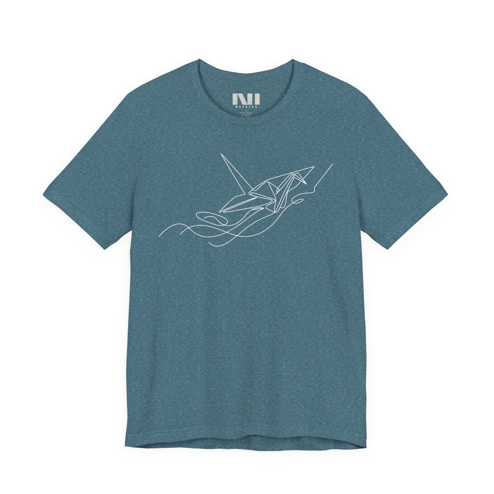 Heather Deep Teal t-shirt featuring a white minimalist continuous line art design of an origami paper crane. #Heather Deep Teal