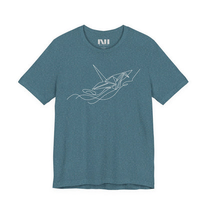 Heather Deep Teal t-shirt featuring a white minimalist continuous line art design of an origami paper crane. #Heather Deep Teal