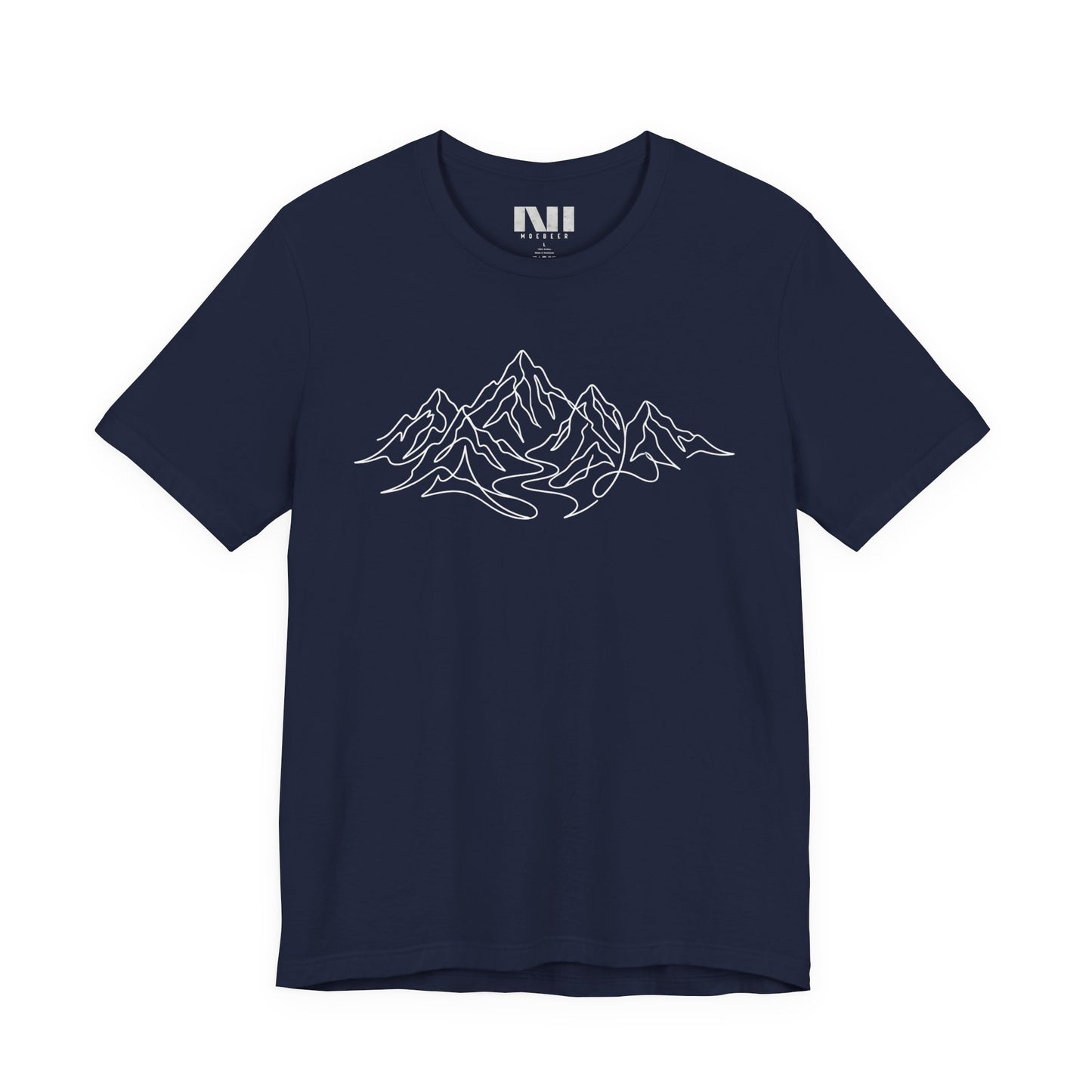 Navy graphic t-shirt featuring a minimalist white continuous line art design of a mountain range, moebeer tees #Navy
