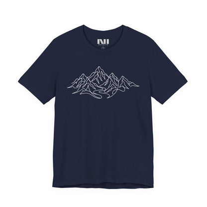 Navy graphic t-shirt featuring a minimalist white continuous line art design of a mountain range, moebeer tees #Navy