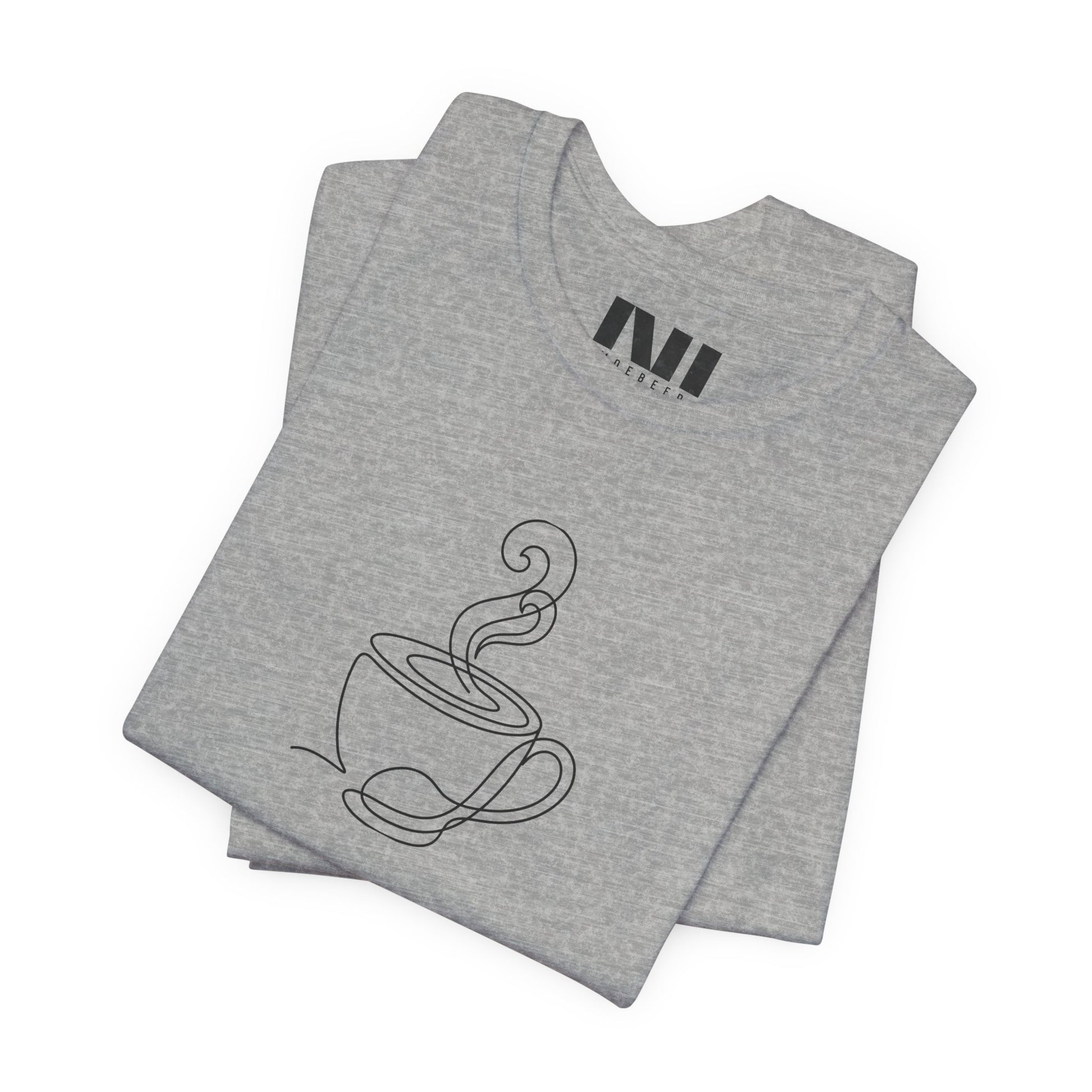 Heather Grey graphic t-shirt featuring a minimalist black continuous line art design of a steaming coffee cup. moebeer tees #Athletic Heather