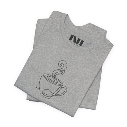 Heather Grey graphic t-shirt featuring a minimalist black continuous line art design of a steaming coffee cup. moebeer tees #Athletic Heather