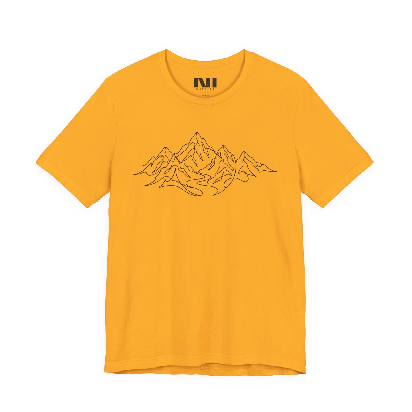 Mustard graphic t-shirt featuring a minimalist white continuous line art design of a mountain range, moebeer tees #Gold