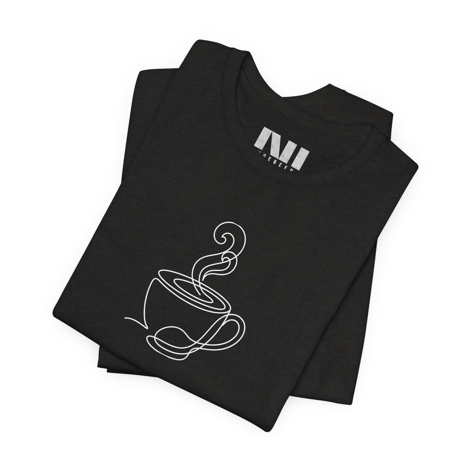 Heather Black graphic t-shirt featuring a minimalist black continuous line art design of a steaming coffee cup. moebeer tees #Black Heather