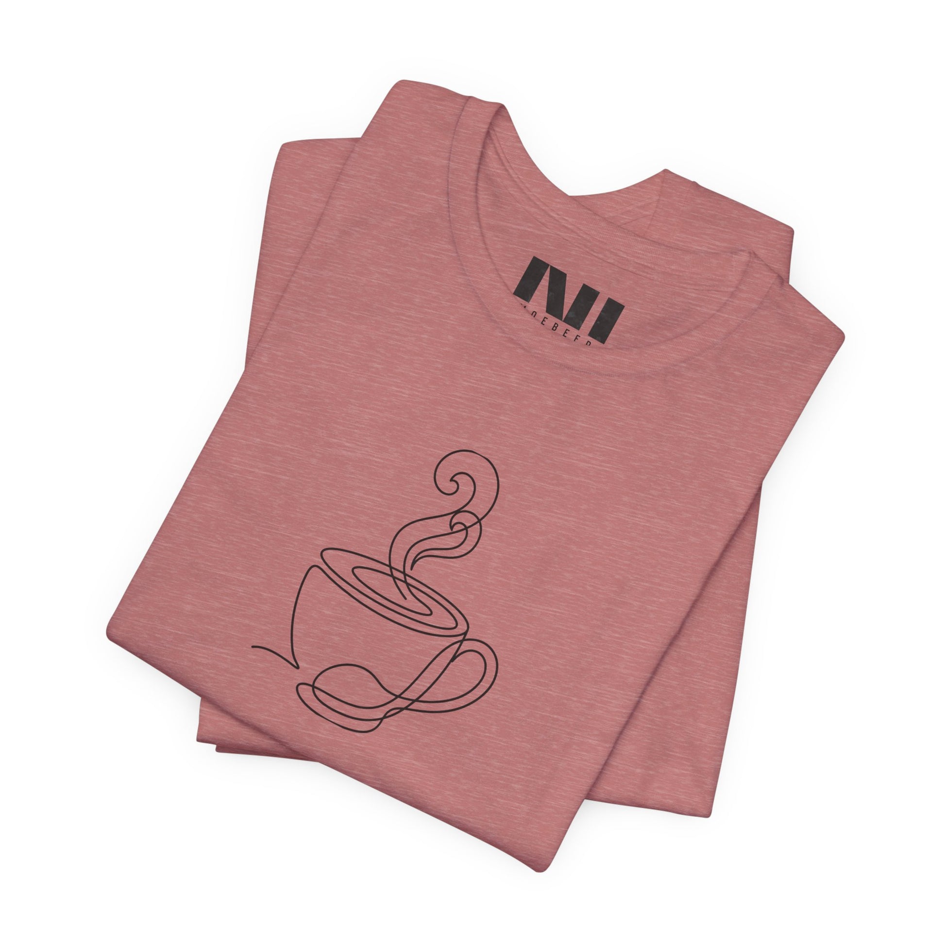 Heather Mauve graphic t-shirt featuring a minimalist black continuous line art design of a steaming coffee cup. moebeer tees #Heather Mauve