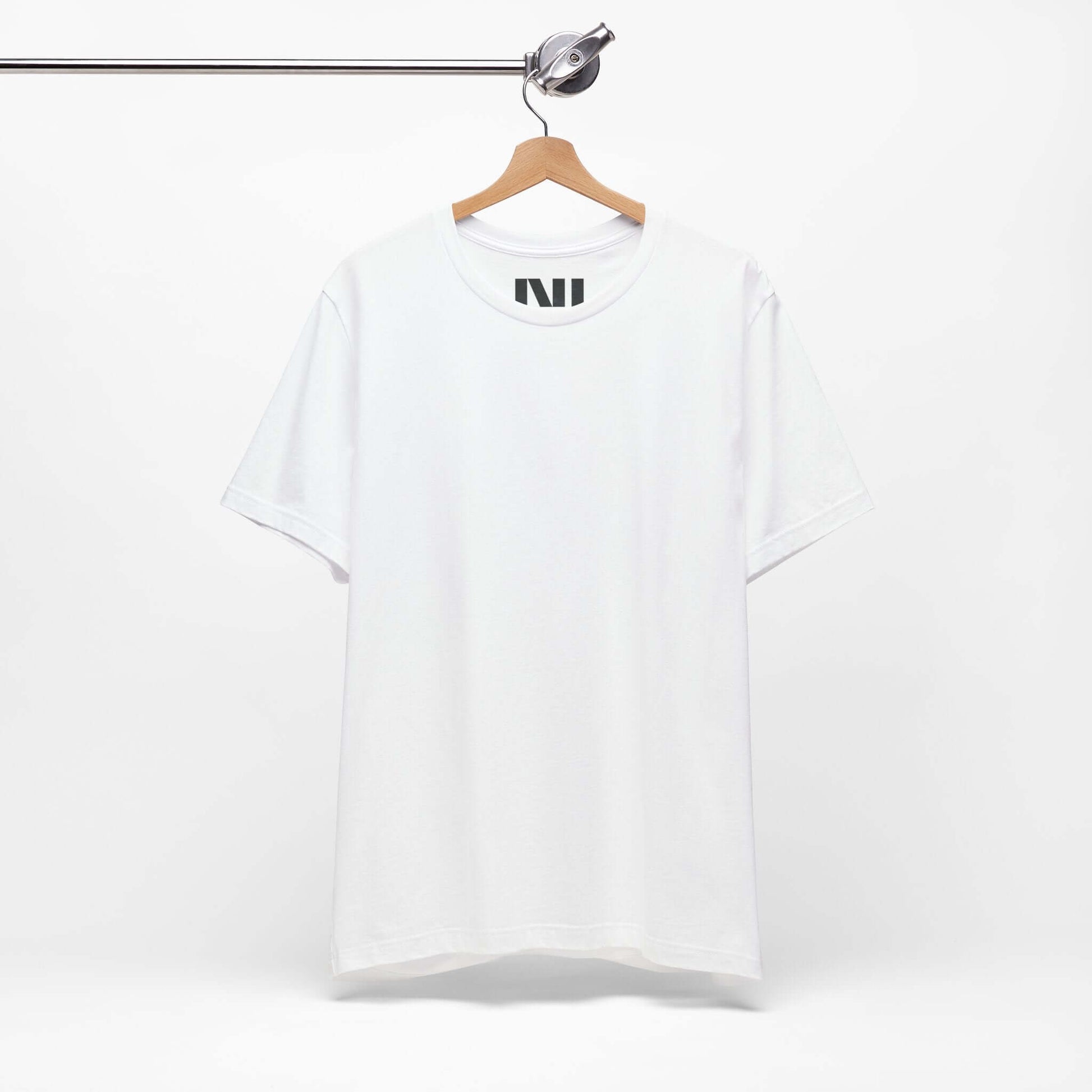 White crew neck t-shirt detail shot by MOEBEER, ribbed knit collar tear-away label premium cotton tee