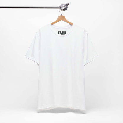White crew neck t-shirt detail shot by MOEBEER, ribbed knit collar tear-away label premium cotton tee