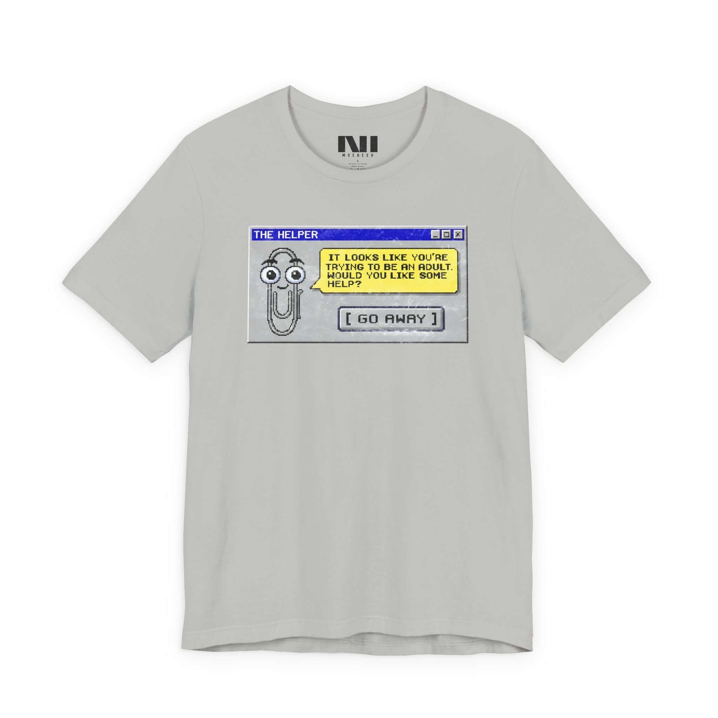 Heather athletic grey t-shirt featuring a retro pixelated computer pop-up window graphic with a cartoon paperclip assistant. The text within the window reads, "IT LOOKS LIKE YOU'RE TRYING TO BE AN ADULT. WOULD YOU LIKE SOME HELP?" followed by a button that says "[ GO AWAY ]" #Athletic Heather