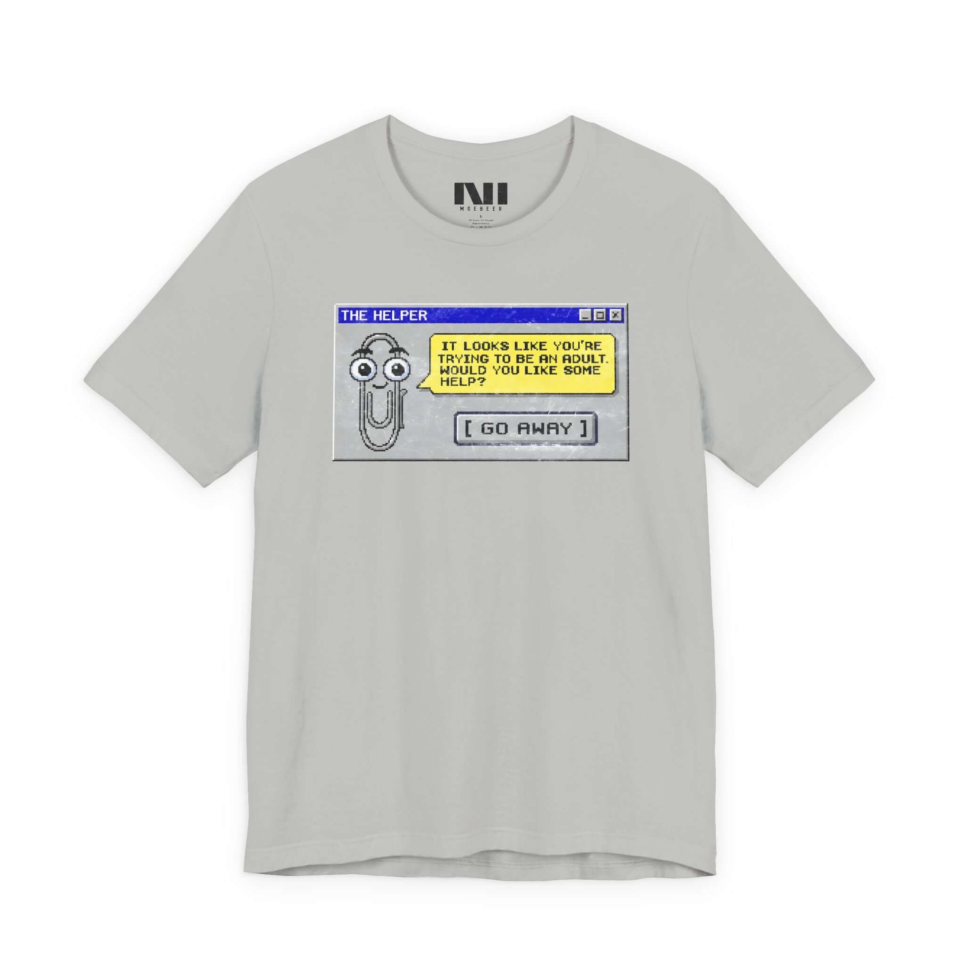 Heather athletic grey t-shirt featuring a retro pixelated computer pop-up window graphic with a cartoon paperclip assistant. The text within the window reads, "IT LOOKS LIKE YOU'RE TRYING TO BE AN ADULT. WOULD YOU LIKE SOME HELP?" followed by a button that says "[ GO AWAY ]" #Athletic Heather
