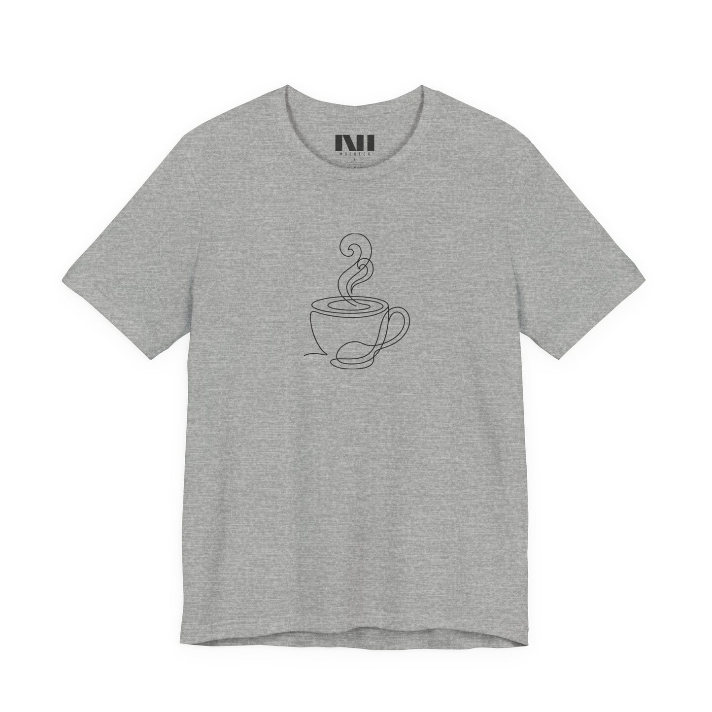 Heather Grey graphic t-shirt featuring a minimalist black continuous line art design of a steaming coffee cup. moebeer tees #Athletic Heather