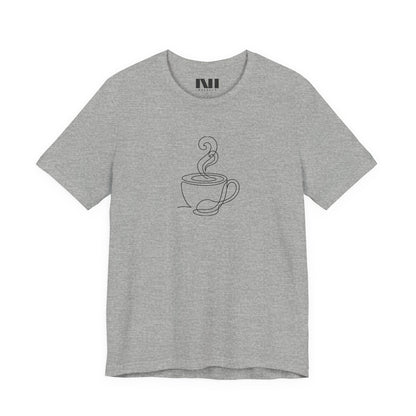 Heather Grey graphic t-shirt featuring a minimalist black continuous line art design of a steaming coffee cup. moebeer tees #Athletic Heather