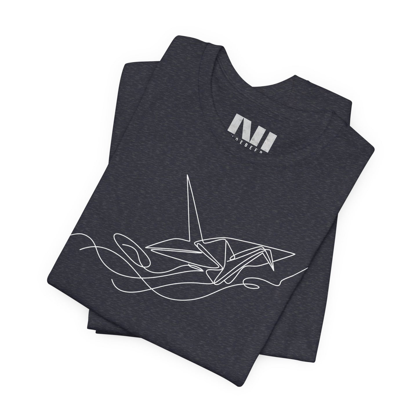 color t-shirt featuring a white minimalist continuous line art design of an origami paper crane. #Heather Navy