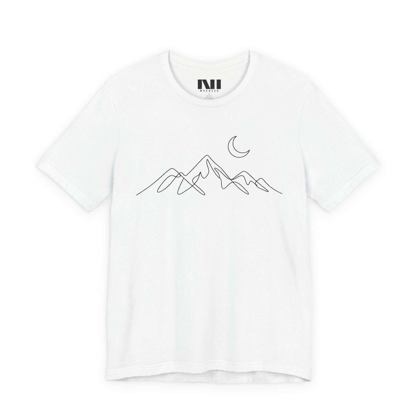 White graphic t-shirt featuring a minimalist white continuous line art design of a mountain range. MOEBEER tees #White
