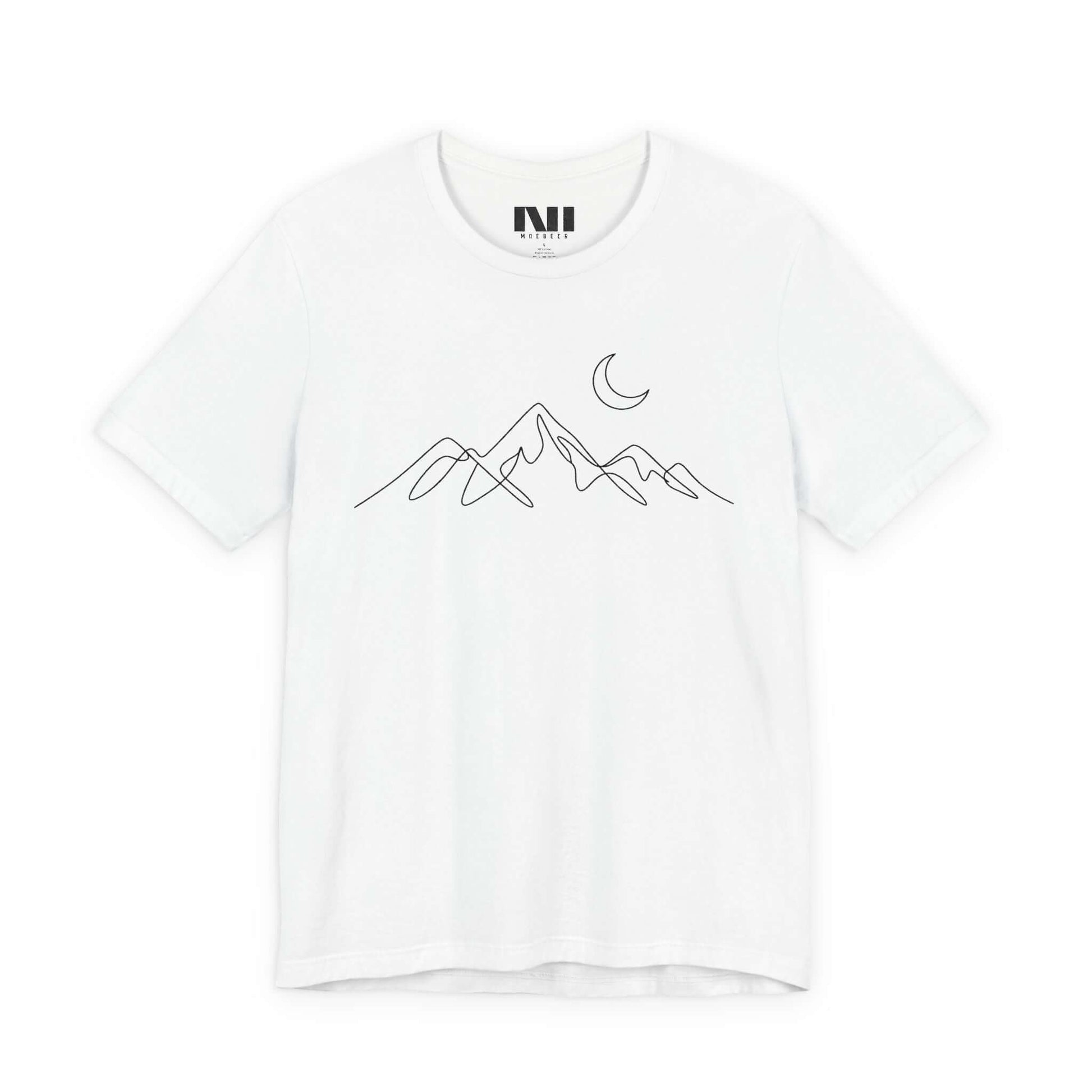 White graphic t-shirt featuring a minimalist white continuous line art design of a mountain range. MOEBEER tees #White