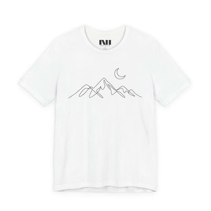 White graphic t-shirt featuring a minimalist white continuous line art design of a mountain range. MOEBEER tees #White