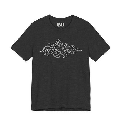Black heathered graphic t-shirt featuring a minimalist white continuous line art design of a mountain range, moebeer tees #Dark Grey Heather