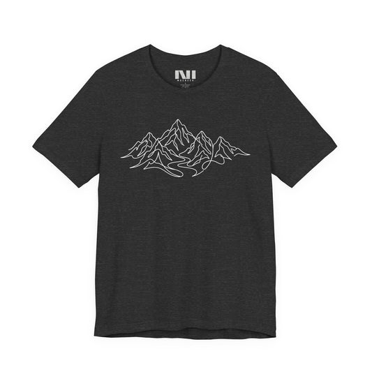 Black heathered graphic t-shirt featuring a minimalist white continuous line art design of a mountain range, moebeer tees #Dark Grey Heather