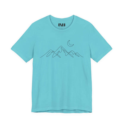 Turquoise graphic t-shirt featuring a minimalist white continuous line art design of a mountain range. MOEBEER tees #Turquoise 