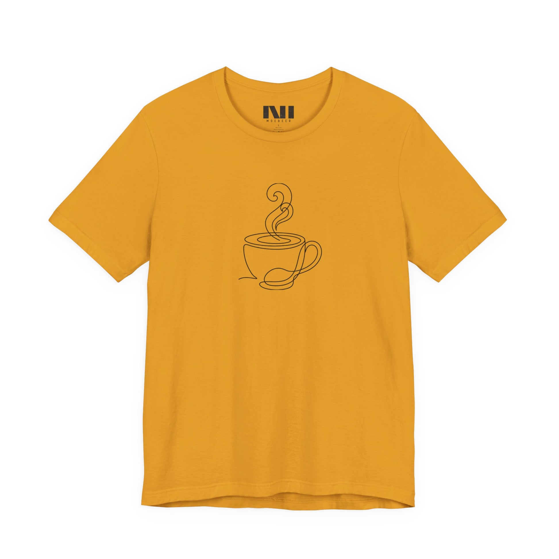 Mustard yellow graphic t-shirt featuring a minimalist black continuous line art design of a steaming coffee cup.  moebeer tees #Mustard