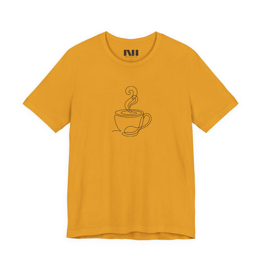 Mustard yellow graphic t-shirt featuring a minimalist black continuous line art design of a steaming coffee cup.  moebeer tees #Mustard