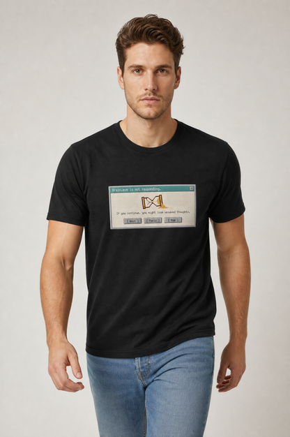 Man wearing a black t-shirt with a graphic design on a plain background #Black