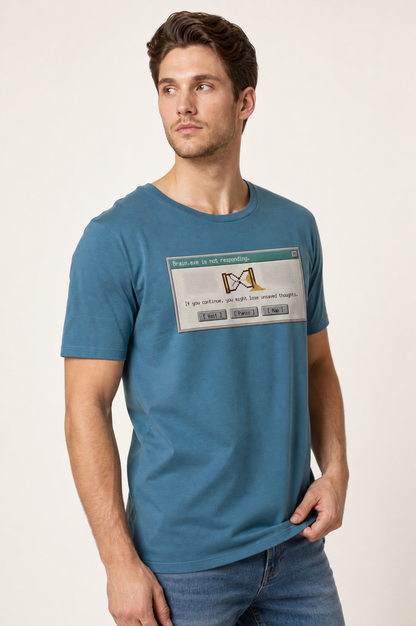 Man wearing a blue t-shirt with a graphic design on a white background #Heather Deep Teal
