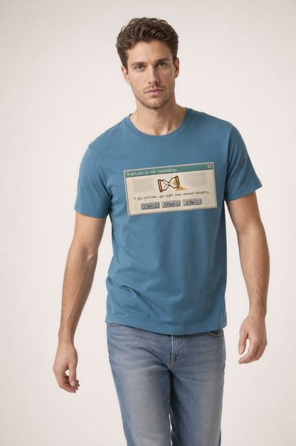 Man wearing a blue t-shirt with a graphic design on a plain background #Heather Deep Teal