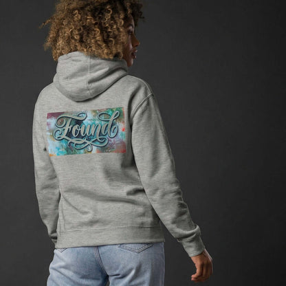 Person wearing MOEBEER Hoodie featuring "Found" script over a colorful abstract paint design #Carbon Grey