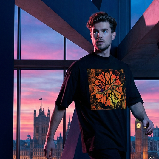 Person walking through a modern architectural space with a cityscape view at sunset. #Black